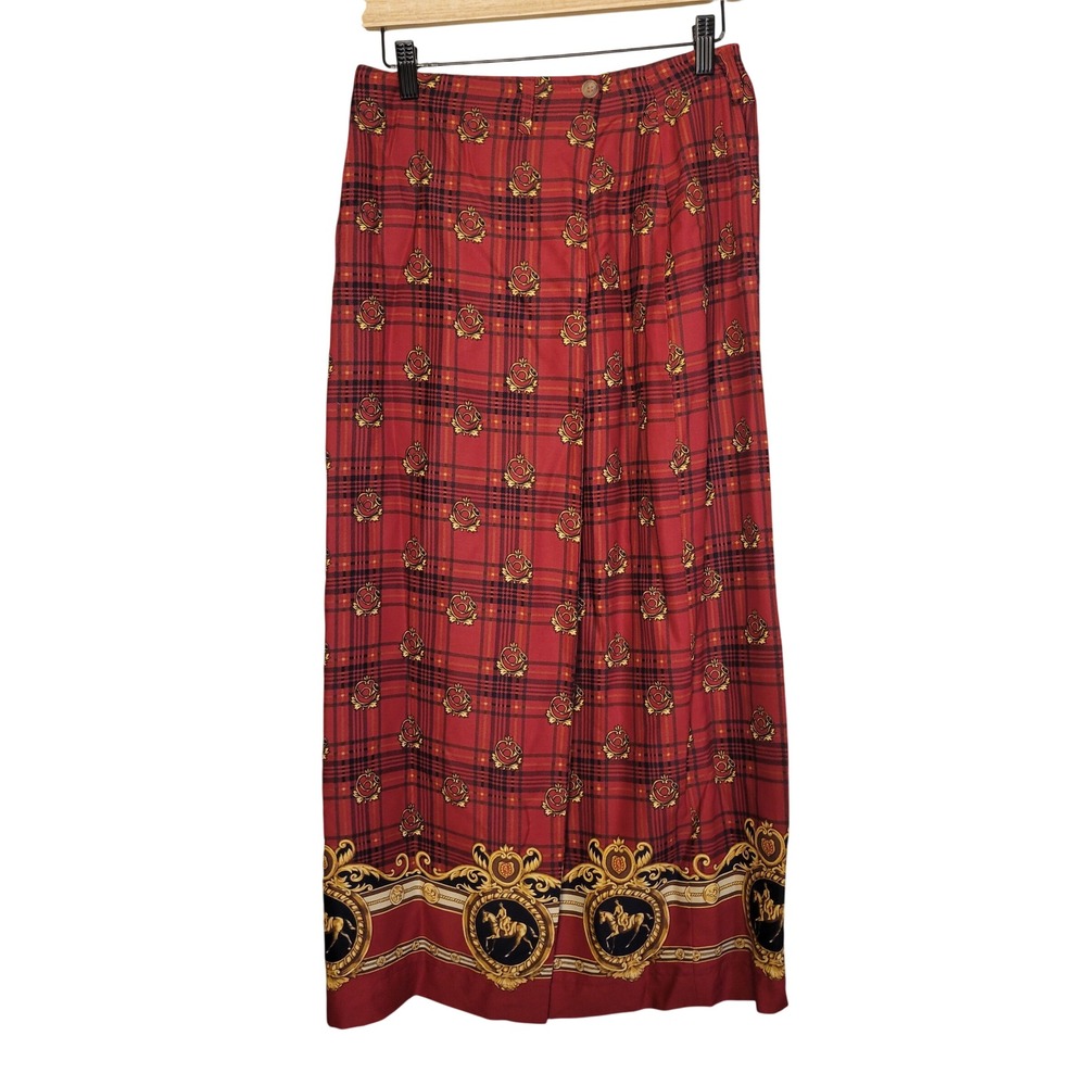 Scott Taylor Maxi‎ Skirt Womens 8 Red Plaid Equestrian Horse Print Vintage USA